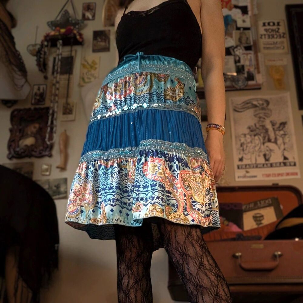 Vintage Tiered Paisley Mini Skirt Women's/Juniors Medium/Large Blue Sequin